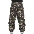 A pair of camouflage cargo snow pants shown from the back, featuring a green, brown, and beige woodland camo pattern, worn by a model with a black shirt and sneakers visible at the bottom.