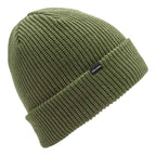 An olive green ribbed knit beanie hat with a small black Volcom logo patch on the cuff, shown against a plain white background.