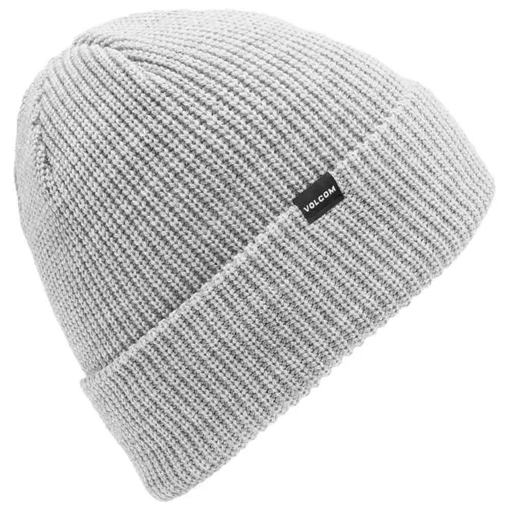 A light gray ribbed knit beanie hat with a small black Volcom logo patch on the side, shown against a plain white background.