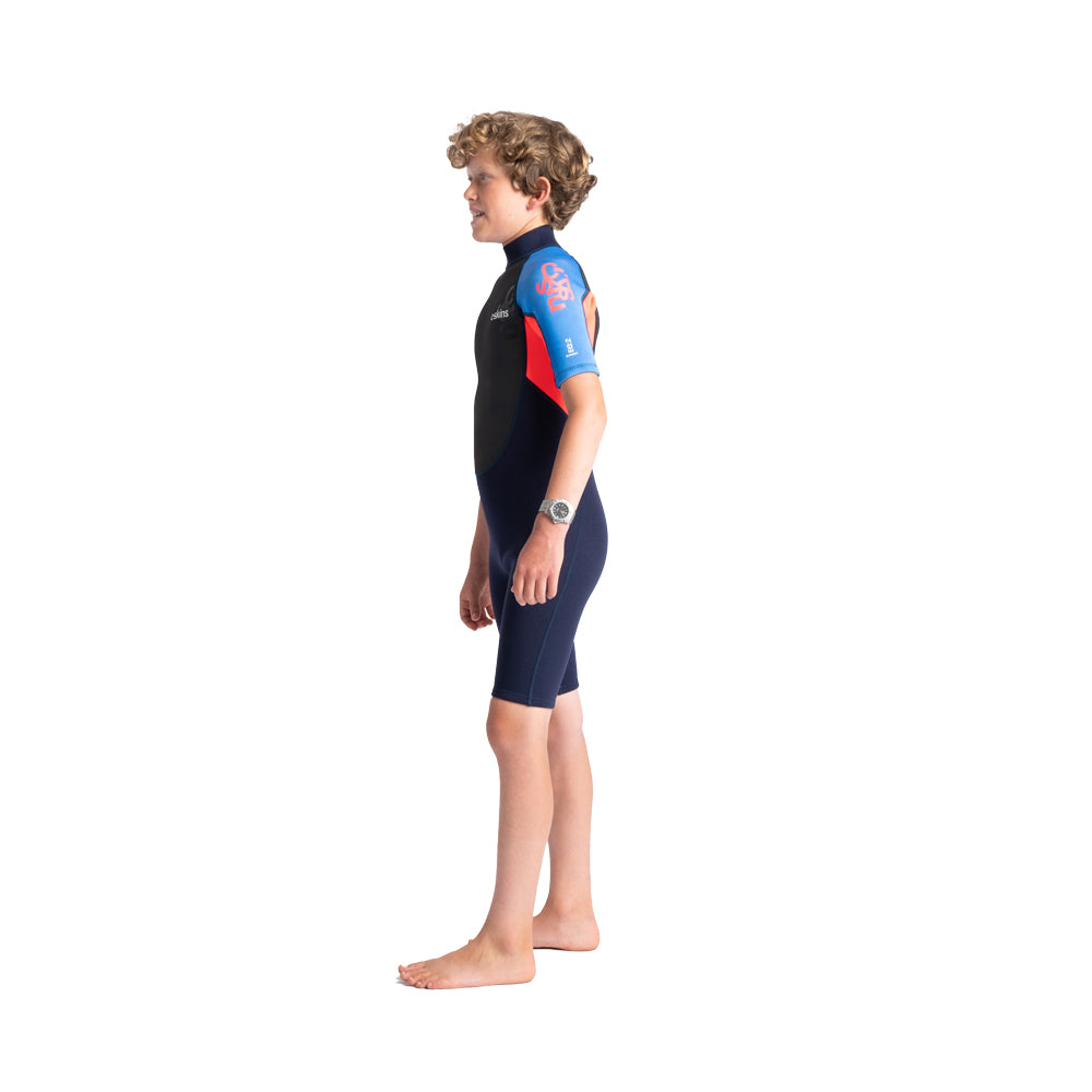 C-Skins Junior Element 3/2mm Shortie -Slate Navy/Flo Red/Blue Tie