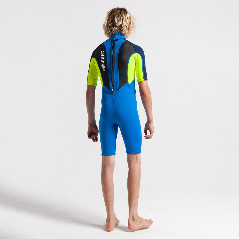 C-Skins Junior Element 3/2mm BZ Shortie Wetsuit-Cyan/Yellow/Navy